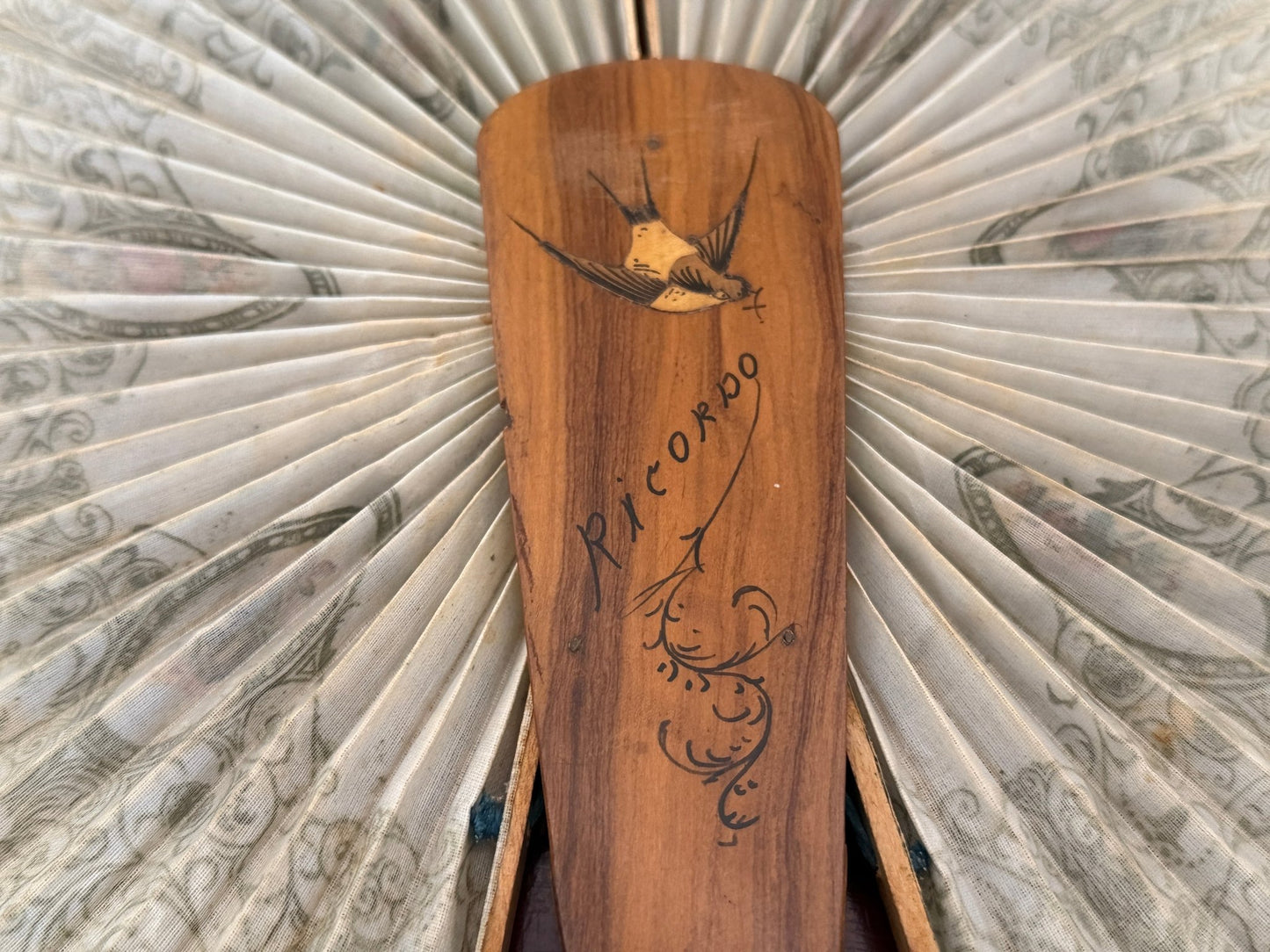 Antique Italian Olive Wood Cockade Fan Mirror - Sorrento Ware - Oak House Trading