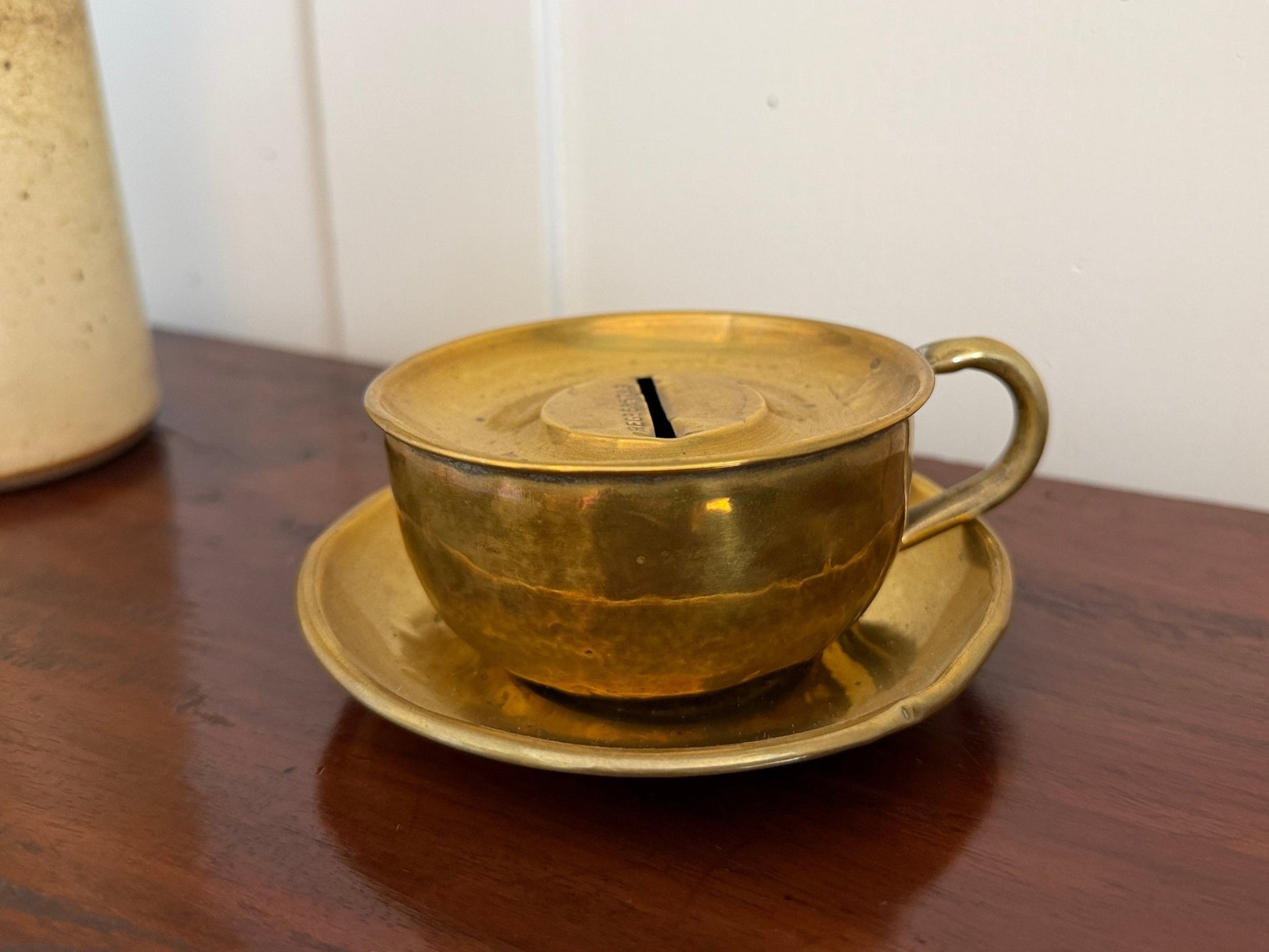 Antique Brass Teacup & Saucer Novelty Money Box c.1920s - Oak House Trading