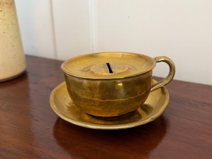 Antique Brass Teacup & Saucer Novelty Money Box c.1920s - Oak House Trading