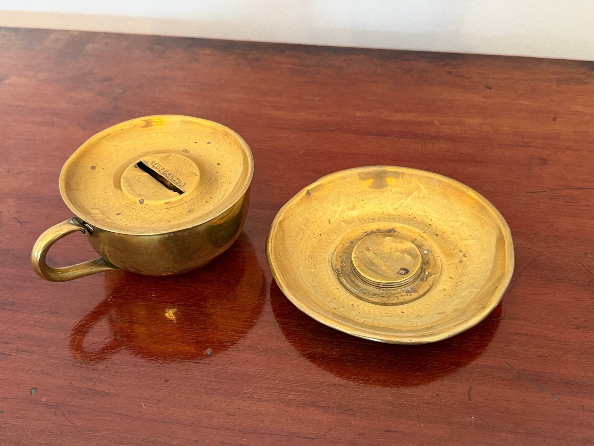 Antique Brass Teacup & Saucer Novelty Money Box c.1920s - Oak House Trading