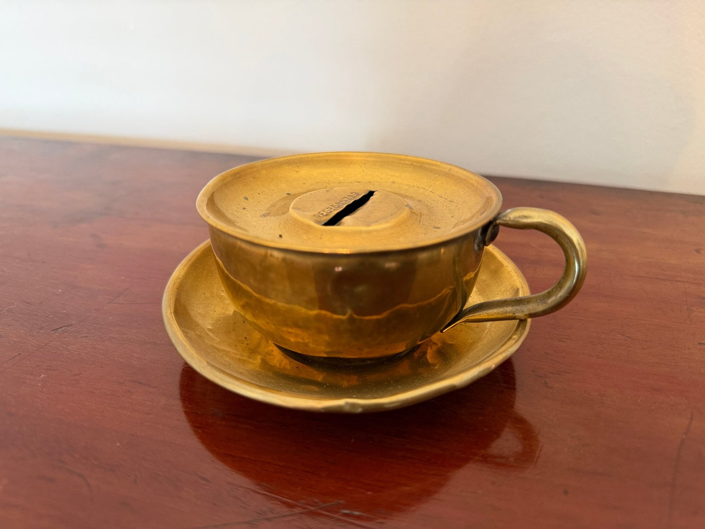 Antique Brass Teacup & Saucer Novelty Money Box c.1920s - Oak House Trading