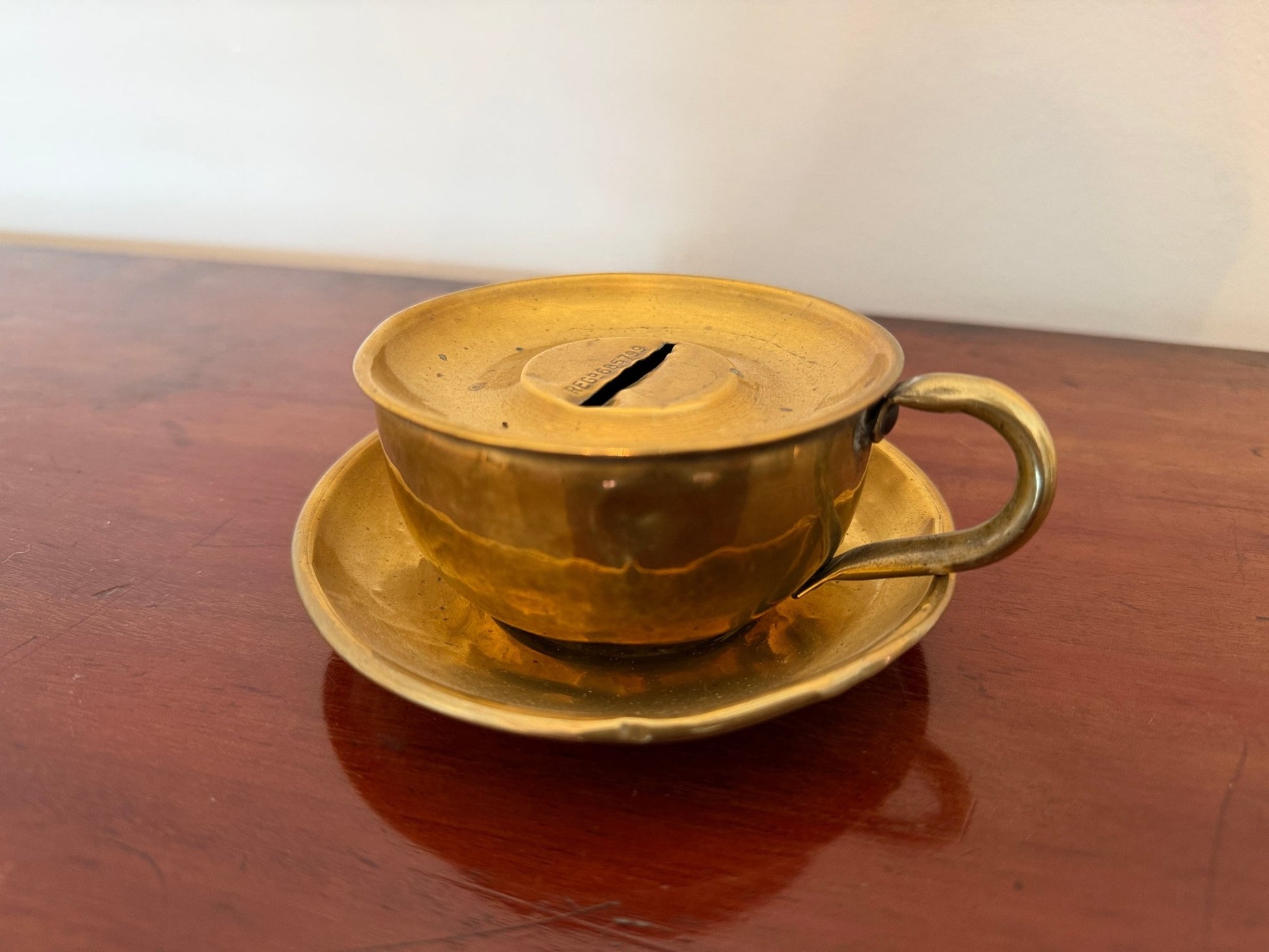 Antique Brass Teacup & Saucer Novelty Money Box c.1920s - Oak House Trading