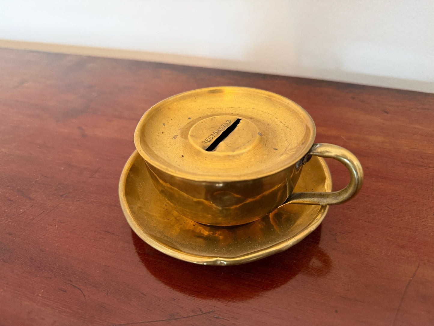 Antique Brass Teacup & Saucer Novelty Money Box c.1920s - Oak House Trading