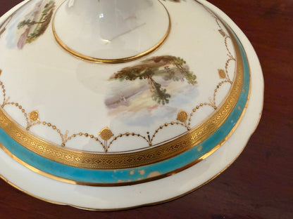 Antique Hand Painted Porcelain Tazza / Comport Turquoise Gilt Harbour Scene - Oak House Trading