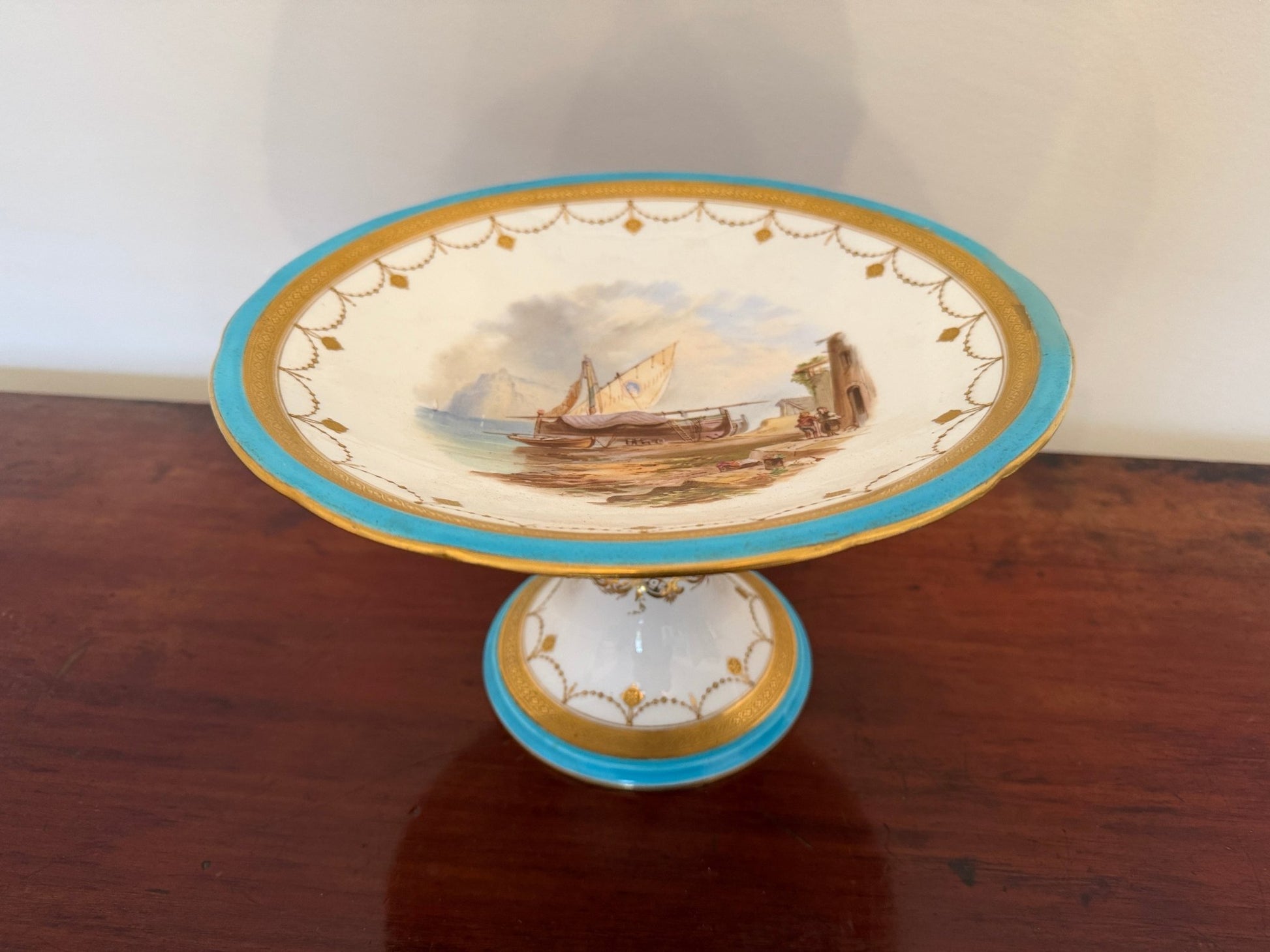 Antique Hand Painted Porcelain Tazza / Comport Turquoise Gilt Harbour Scene - Oak House Trading