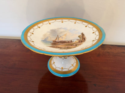 Antique Hand Painted Porcelain Tazza / Comport Turquoise Gilt Harbour Scene - Oak House Trading