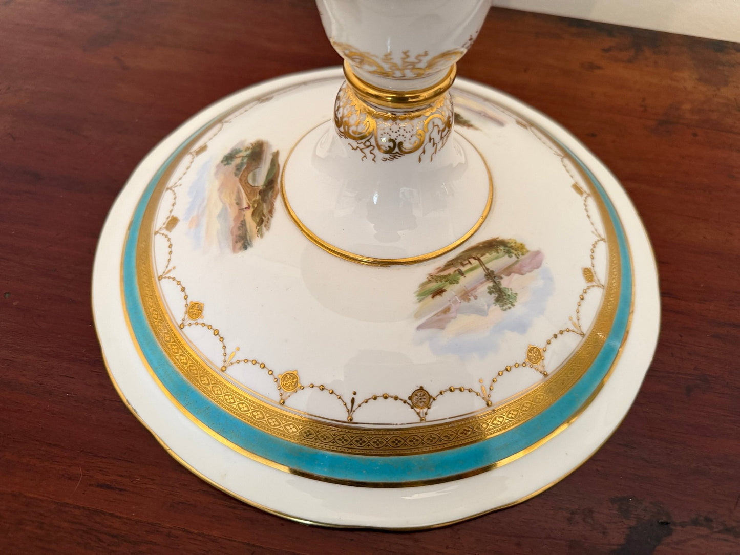 Antique Hand Painted Porcelain Tazza / Comport Turquoise Gilt Harbour Scene - Oak House Trading
