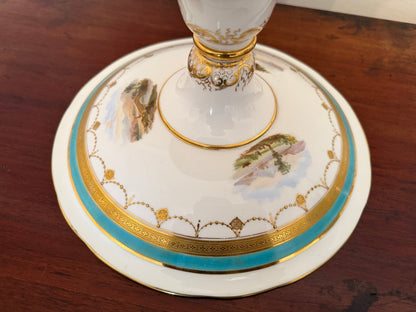 Antique Hand Painted Porcelain Tazza / Comport Turquoise Gilt Harbour Scene - Oak House Trading