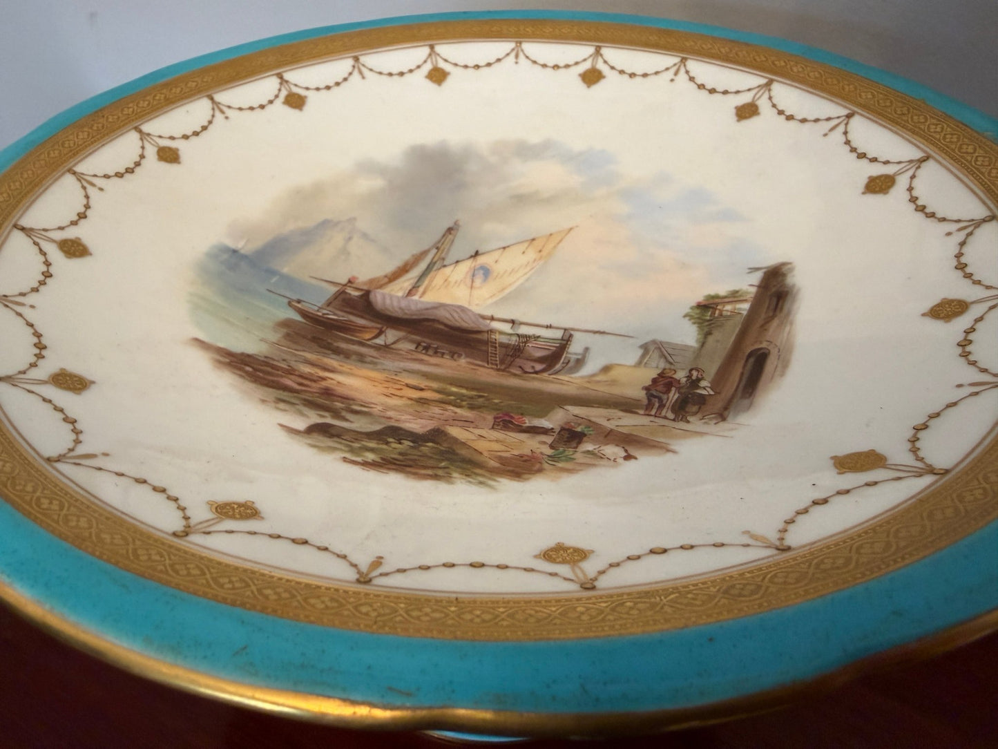 Antique Hand Painted Porcelain Tazza / Comport Turquoise Gilt Harbour Scene - Oak House Trading