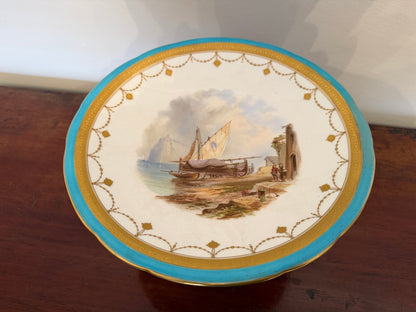 Antique Hand Painted Porcelain Tazza / Comport Turquoise Gilt Harbour Scene - Oak House Trading