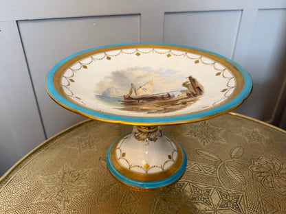 Antique Hand Painted Porcelain Tazza / Comport Turquoise Gilt Harbour Scene - Oak House Trading