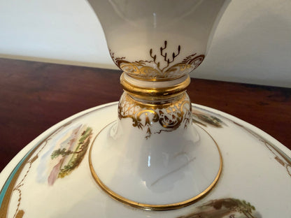 Antique Hand Painted Porcelain Tazza / Comport Turquoise Gilt Harbour Scene - Oak House Trading