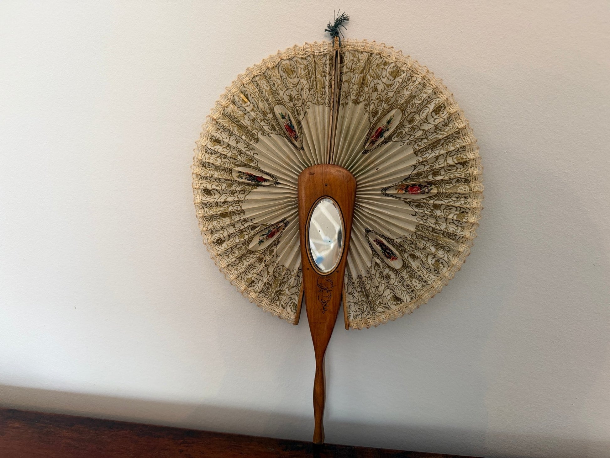 Antique Italian Olive Wood Cockade Fan Mirror - Sorrento Ware - Oak House Trading