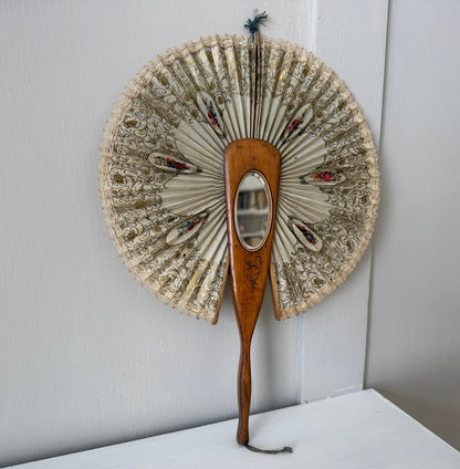 Antique Italian Olive Wood Cockade Fan Mirror - Sorrento Ware - Oak House Trading