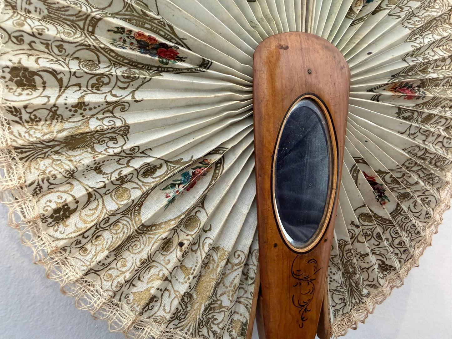 Antique Italian Olive Wood Cockade Fan Mirror - Sorrento Ware - Oak House Trading
