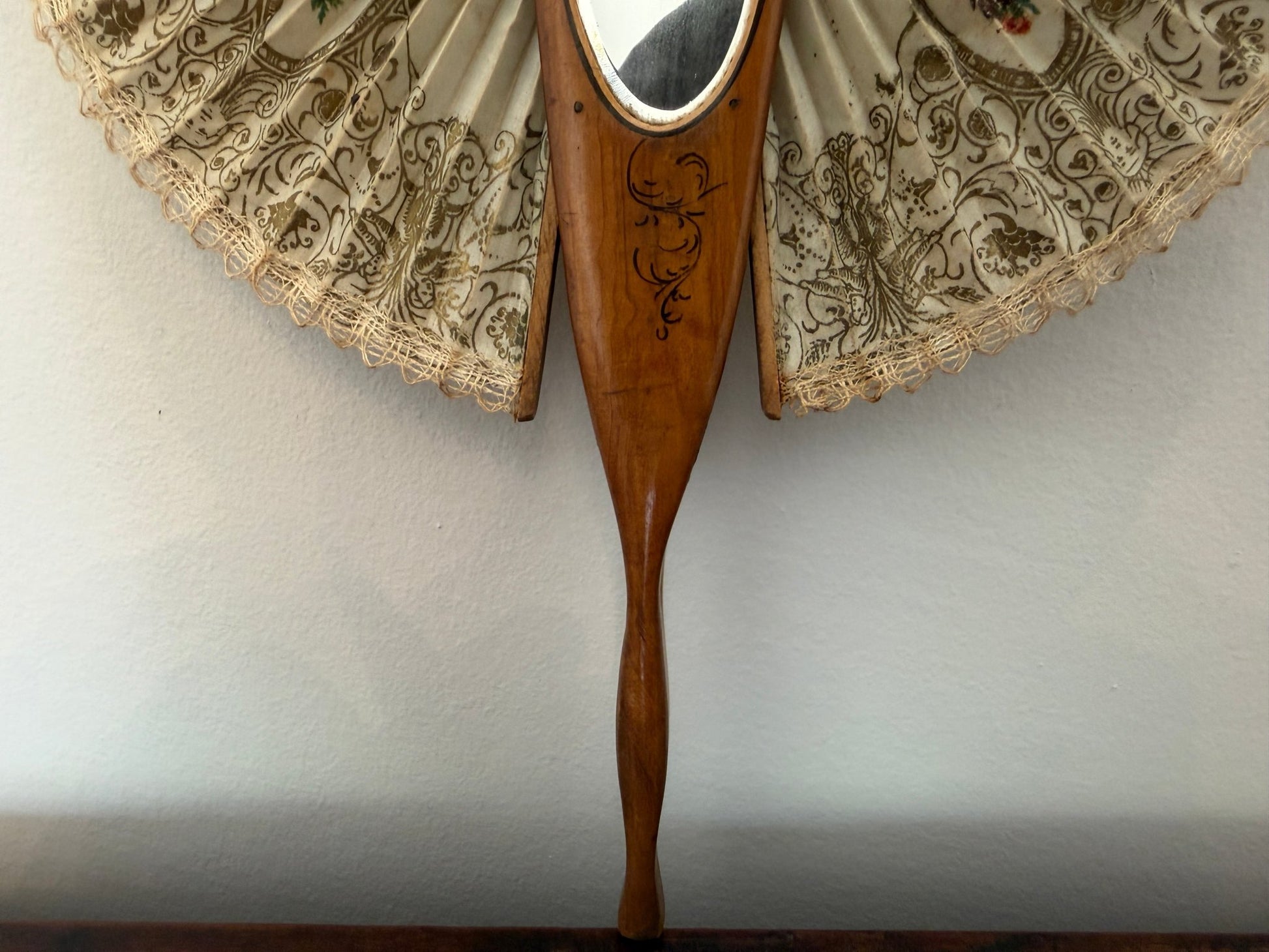 Antique Italian Olive Wood Cockade Fan Mirror - Sorrento Ware - Oak House Trading