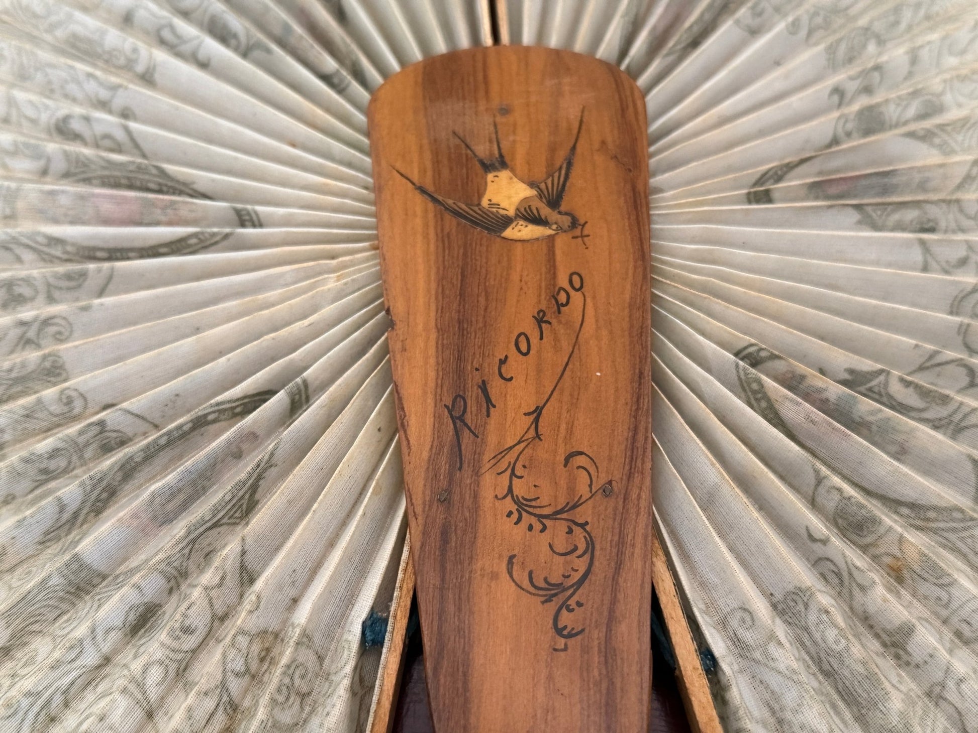 Antique Italian Olive Wood Cockade Fan Mirror - Sorrento Ware - Oak House Trading