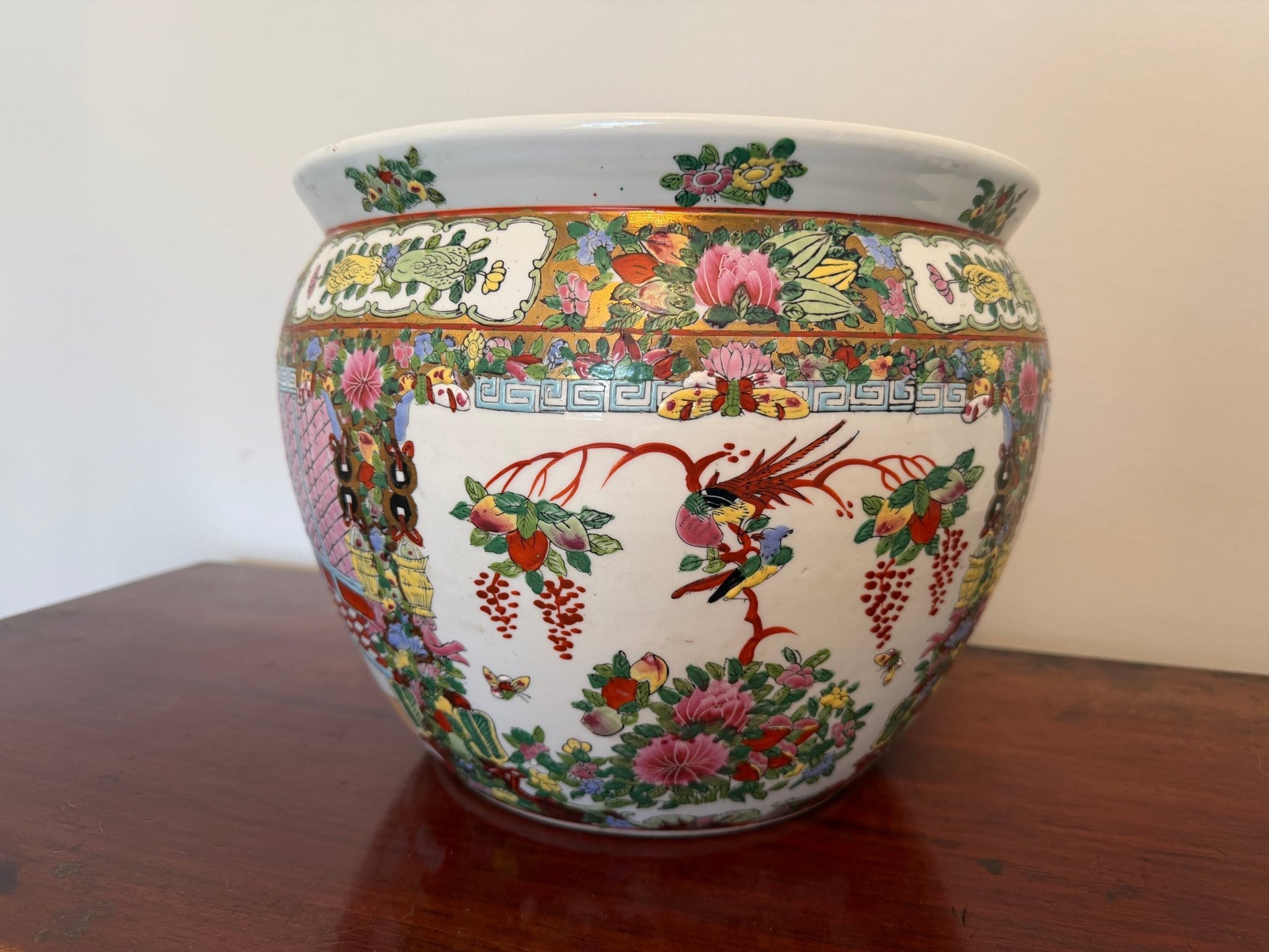 Vintage Chinese Rose Medallion Porcelain Cachepot/ Fish Bowl Planter - Oak House Trading