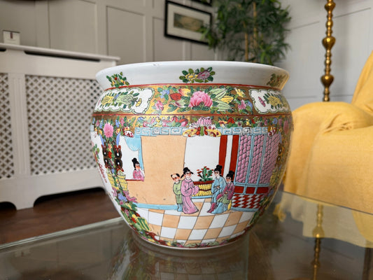 Vintage Chinese Rose Medallion Porcelain Cachepot/ Fish Bowl Planter - Oak House Trading