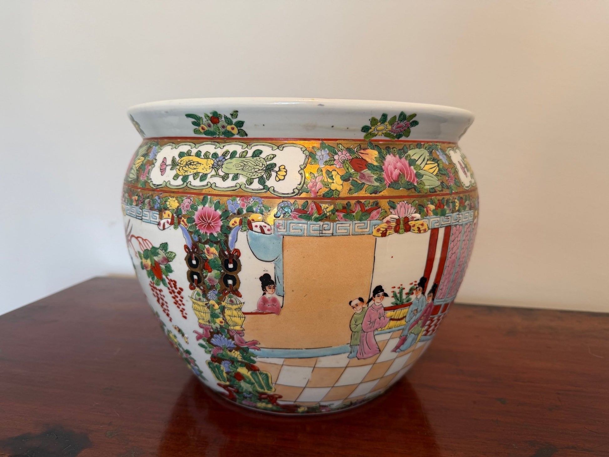Vintage Chinese Rose Medallion Porcelain Cachepot/ Fish Bowl Planter - Oak House Trading