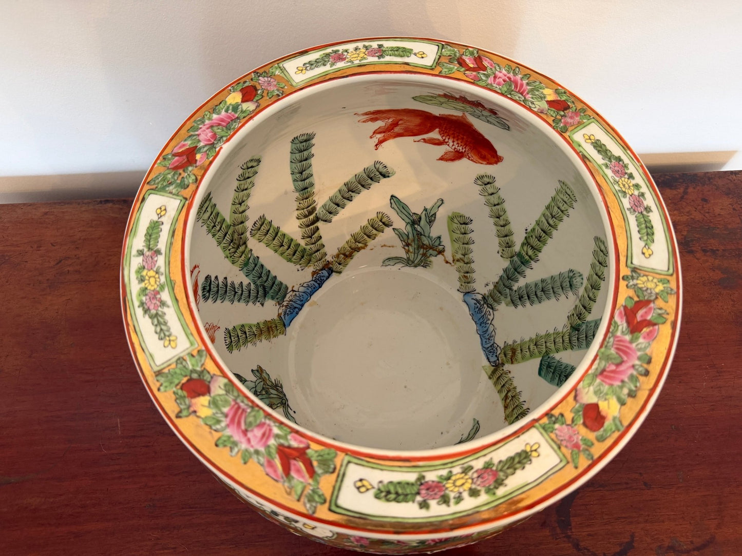 Vintage Chinese Rose Medallion Porcelain Cachepot/ Fish Bowl Planter - Oak House Trading