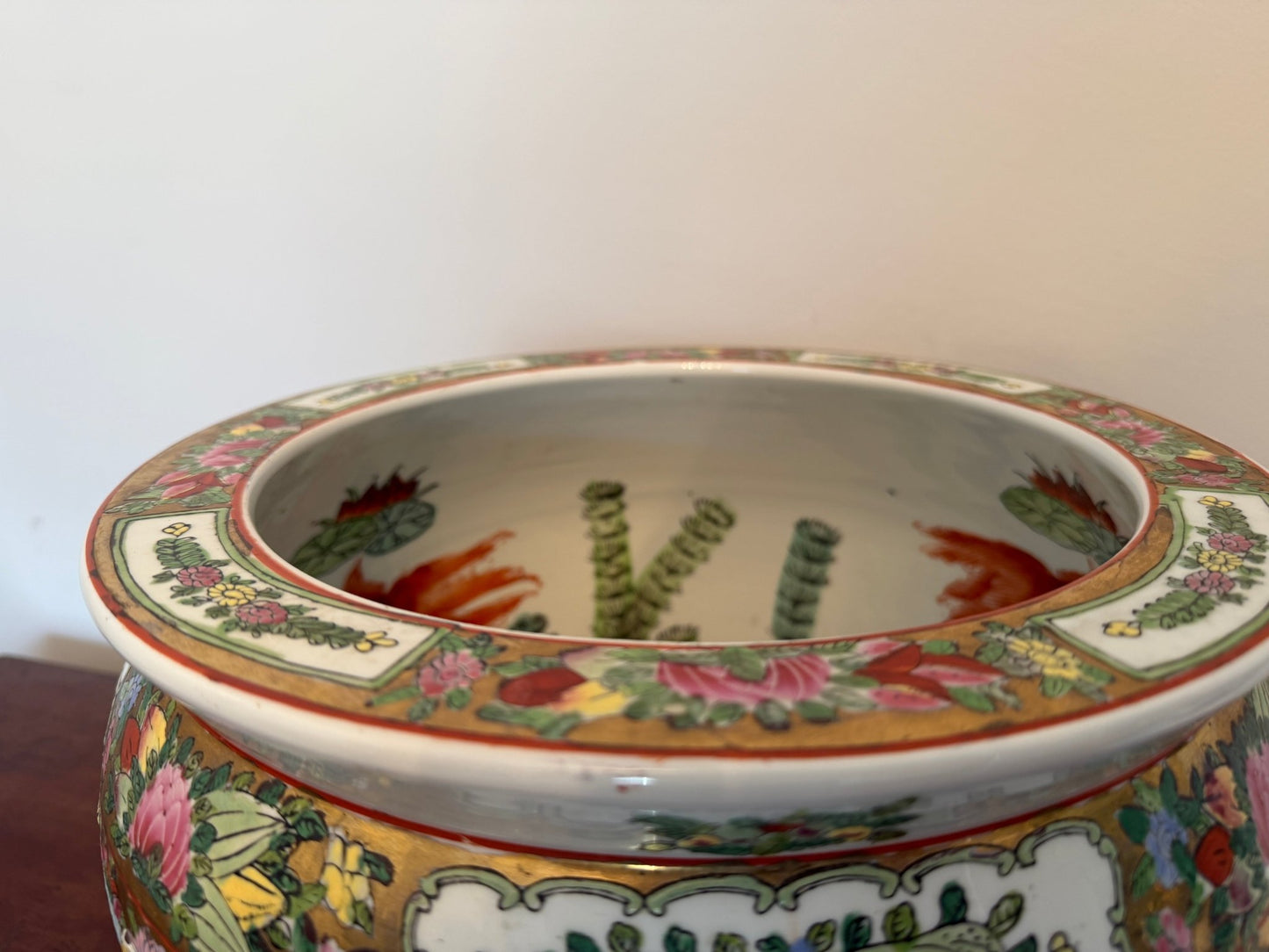 Vintage Chinese Rose Medallion Porcelain Cachepot/ Fish Bowl Planter - Oak House Trading