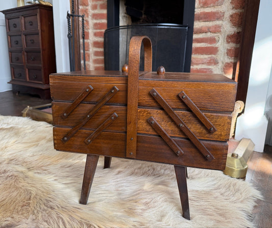 Vintage Mid - Century Wooden Accordion Sewing Craft Box Organiser - Oak House Trading