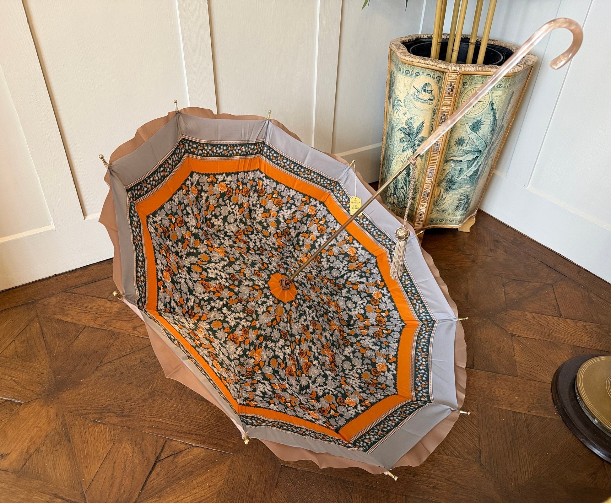 Vintage Paragon Fox Frame Umbrella with Floral Lining & Tassel Handle - Oak House Trading